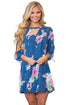 Sexy Blue Background Floral Dress with Slit Sleeve